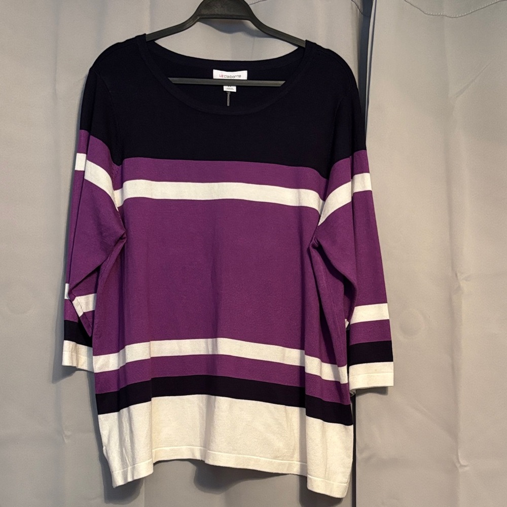 Liz Claiborne Purple and White Striped Long Sleeve Top 2X